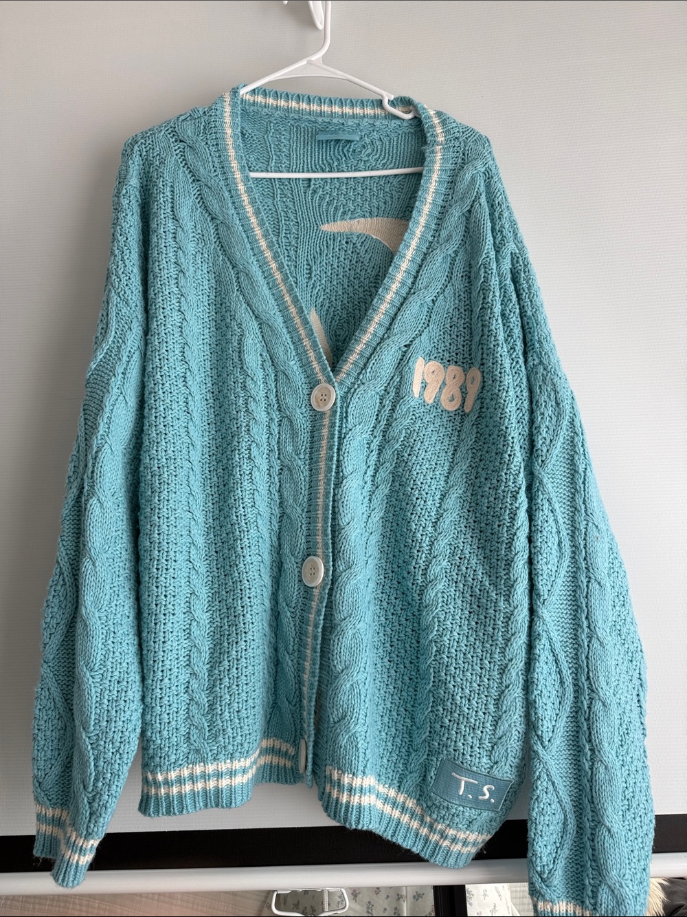 Taylor Swift Teal 1989 Cable-Knit Cardigan with Cream Trim